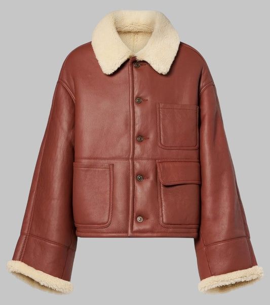 Women Brown Shearling Jacket Victoria Beckham Inspired Real Sheepskin Aviator Coat
