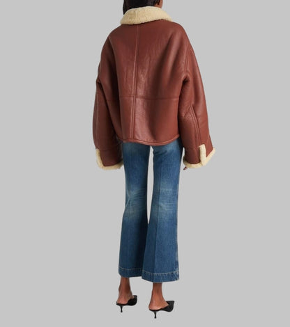 Women Brown Shearling Jacket Victoria Beckham Inspired Real Sheepskin Aviator Coat