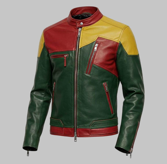 Men Handmade Multicolor Red Green and Yellow Leather Racing Jacket