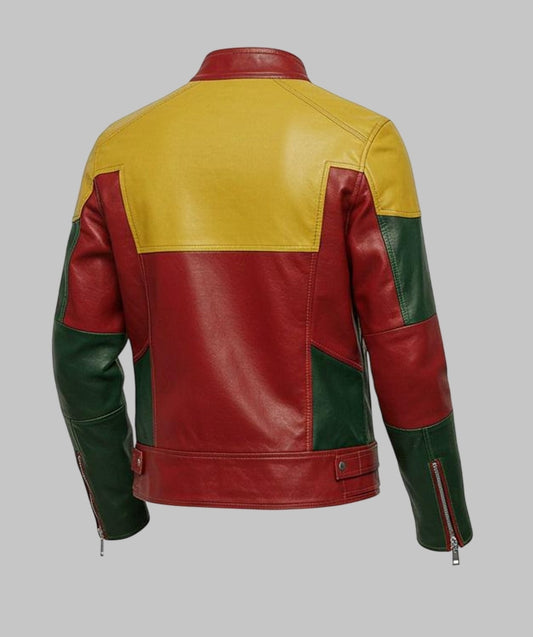 Men Handmade Multicolor Red Green and Yellow Leather Racing Jacket