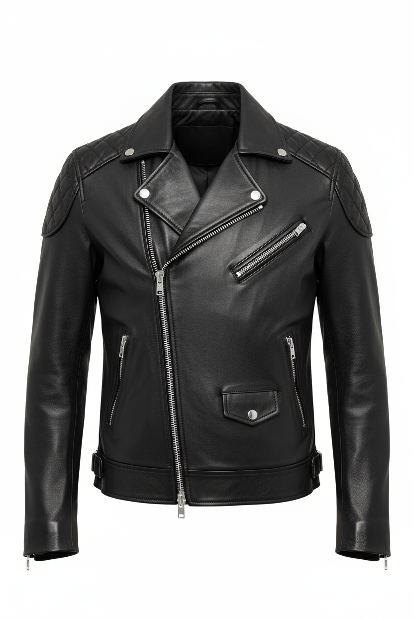 Men's Black Leather Biker Jacket - Front View