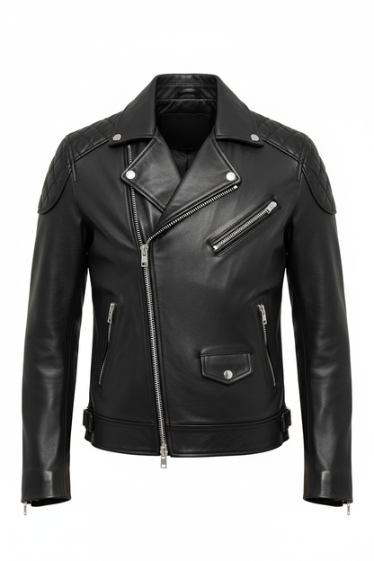 Men's Black Leather Biker Jacket - Front View