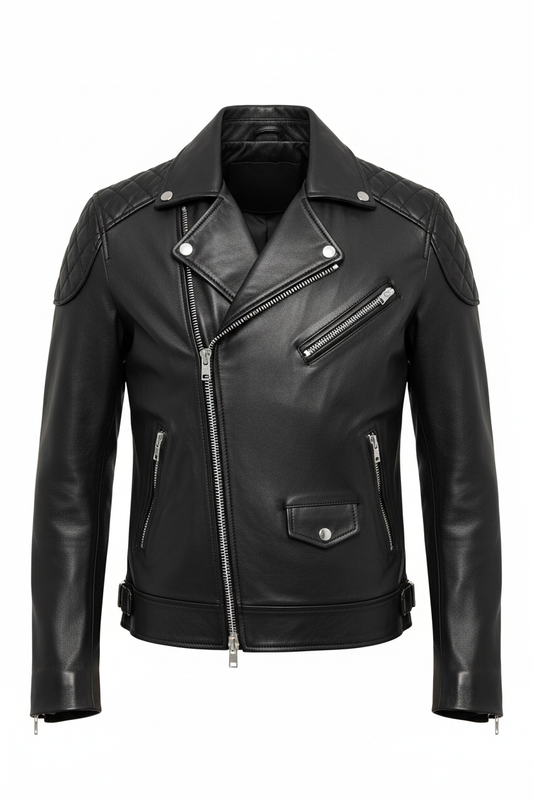 Men's Black Leather Biker Jacket - Front View
