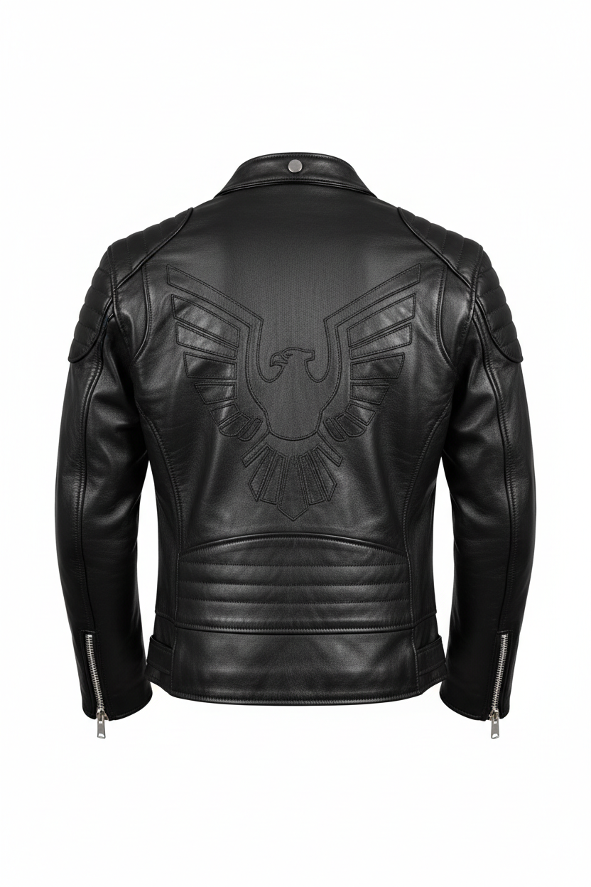 Men's Black Leather Biker Jacket - Back View