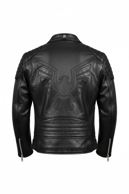 Men's Black Leather Biker Jacket - Back View