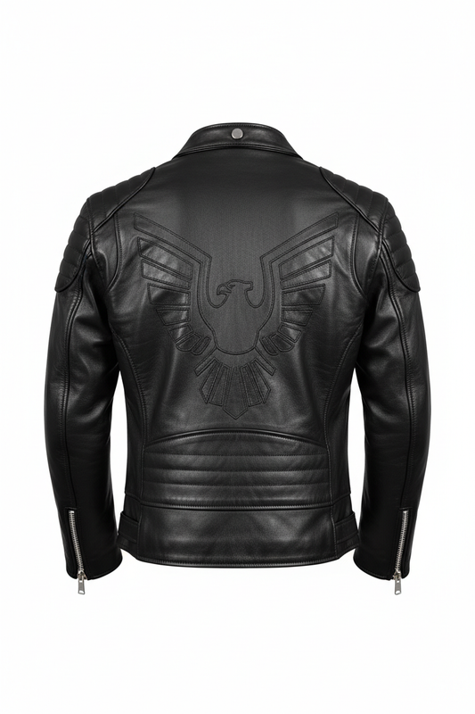 Men's Black Leather Biker Jacket - Back View