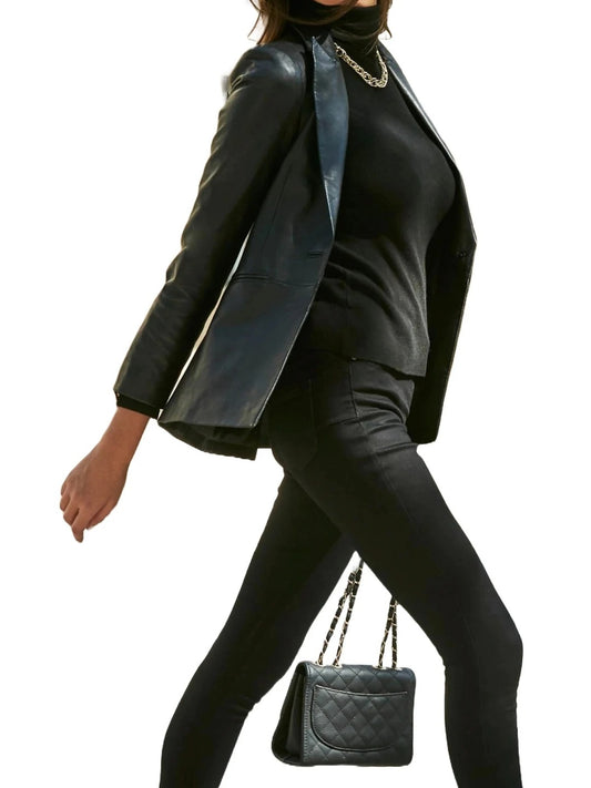 Women’s Jetted Pockets Black Leather Blazer Sleek & Sophisticated Outerwear