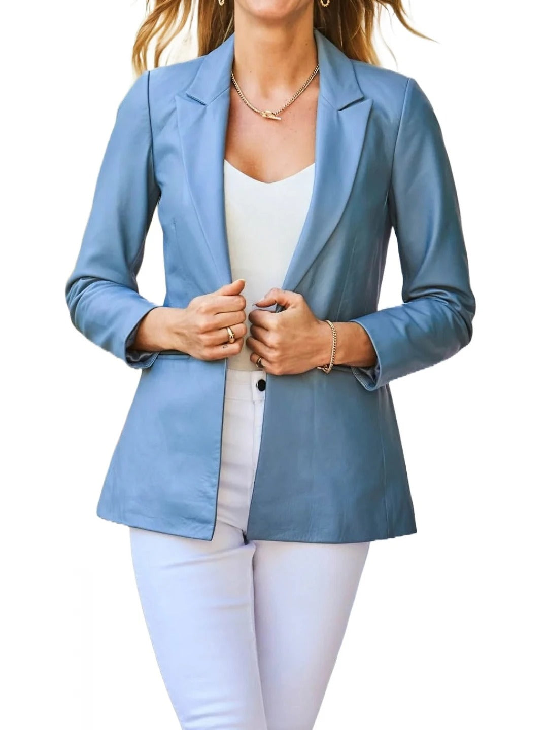 Women’s Jetted Pockets Blue Leather Blazer Stylish & Contemporary Outerwear