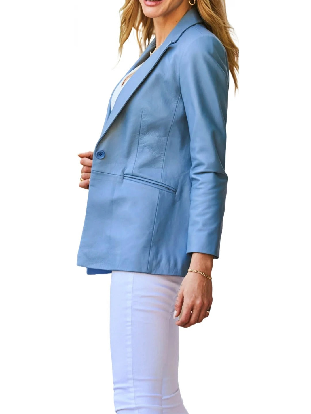 Women’s Jetted Pockets Blue Leather Blazer Stylish & Contemporary Outerwear