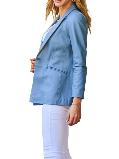 Women’s Jetted Pockets Blue Leather Blazer Stylish & Contemporary Outerwear