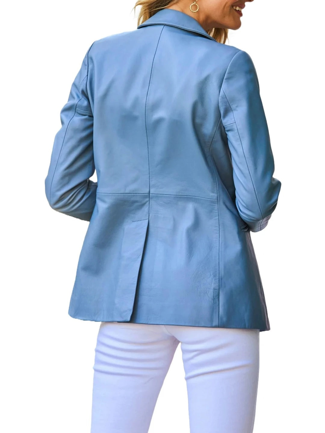 Women’s Jetted Pockets Blue Leather Blazer Stylish & Contemporary Outerwear