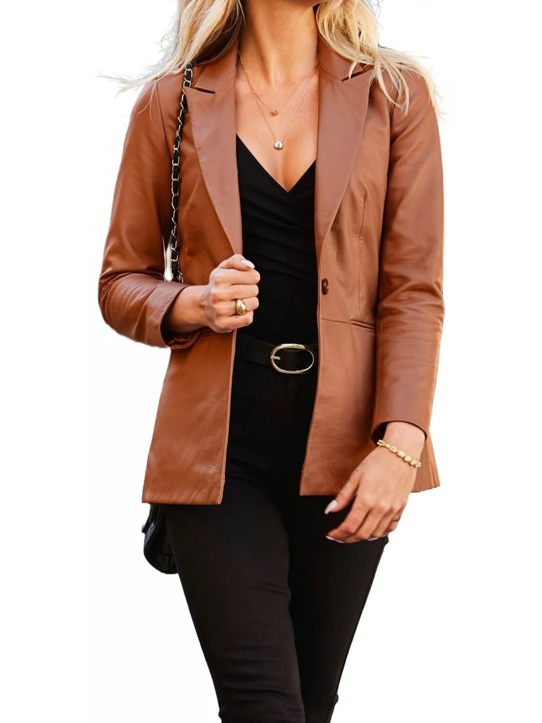 Women’s Jetted Pockets Brown Leather Blazer Elegant & Timeless Outerwear