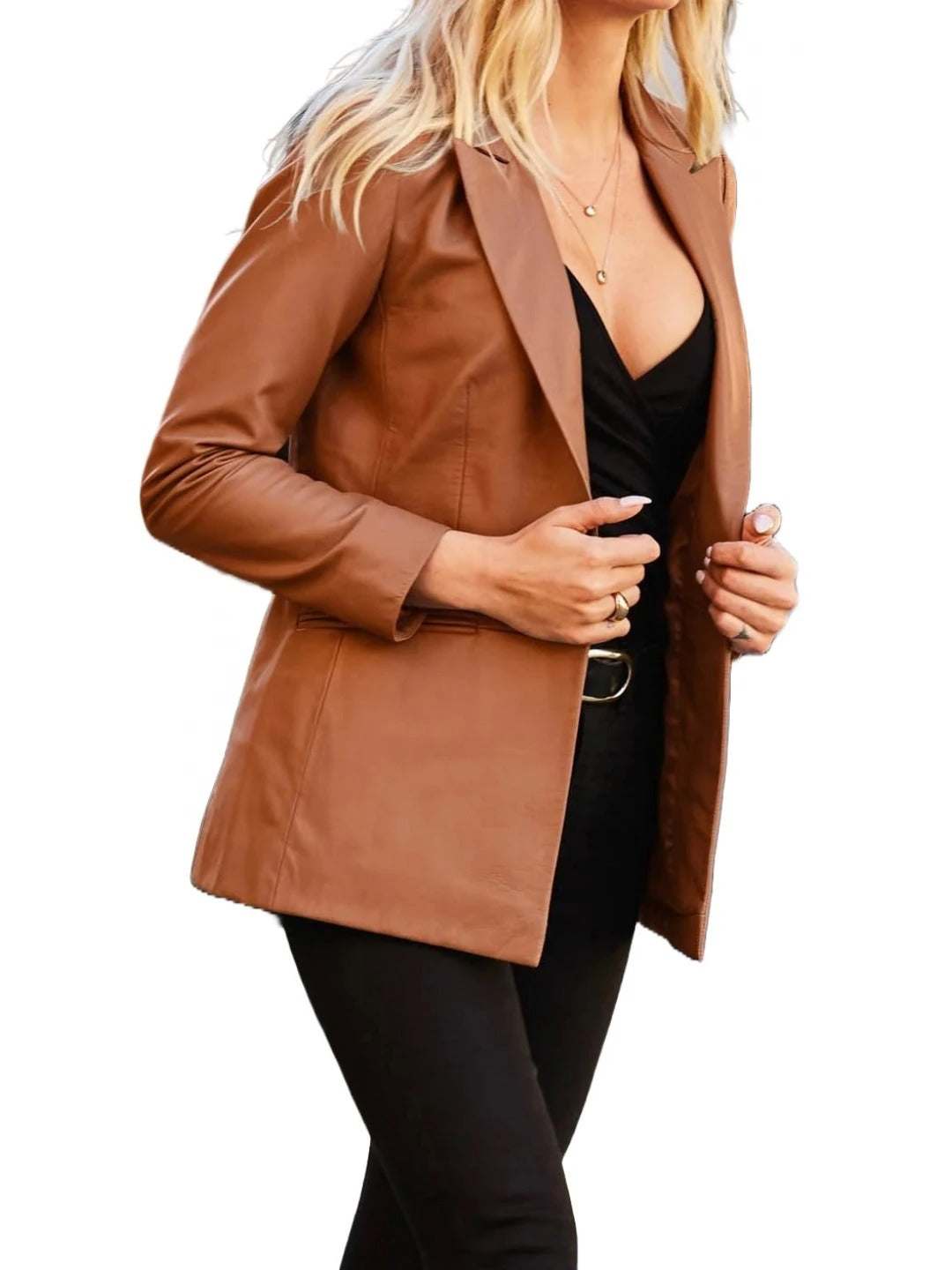 Women’s Jetted Pockets Brown Leather Blazer Elegant & Timeless Outerwear