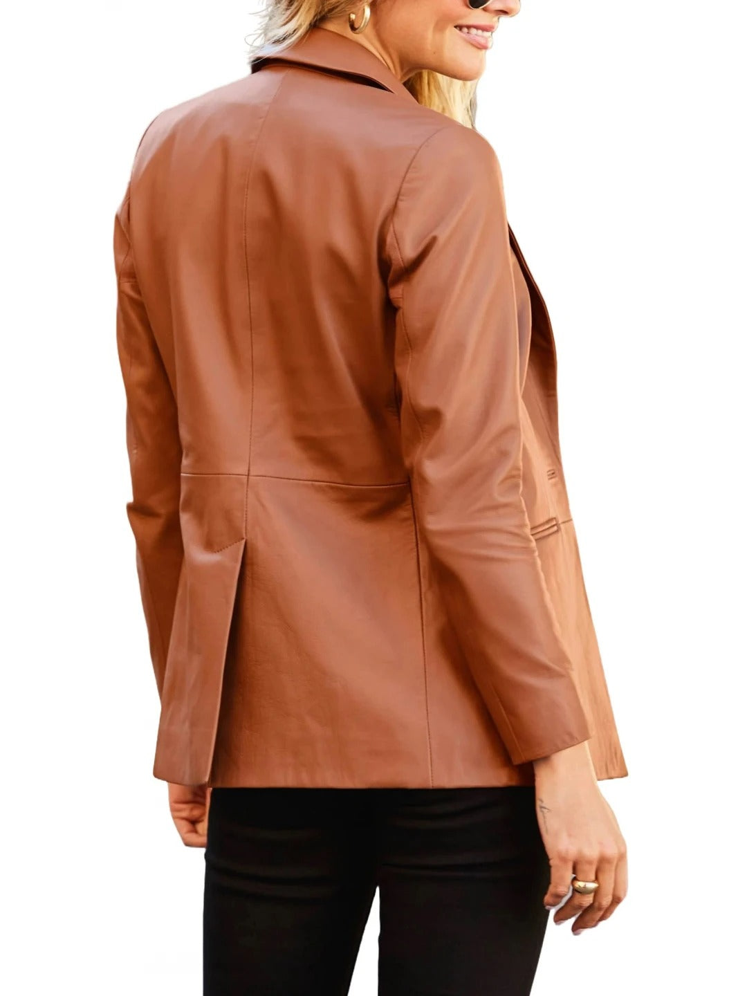 Women’s Jetted Pockets Brown Leather Blazer Elegant & Timeless Outerwear