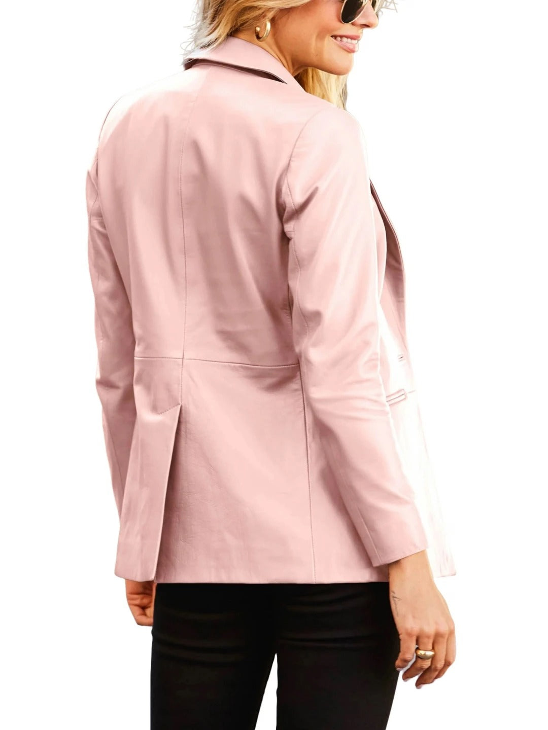 Women’s Jetted Pockets Pink Leather Blazer Vibrant & Stylish Outerwear