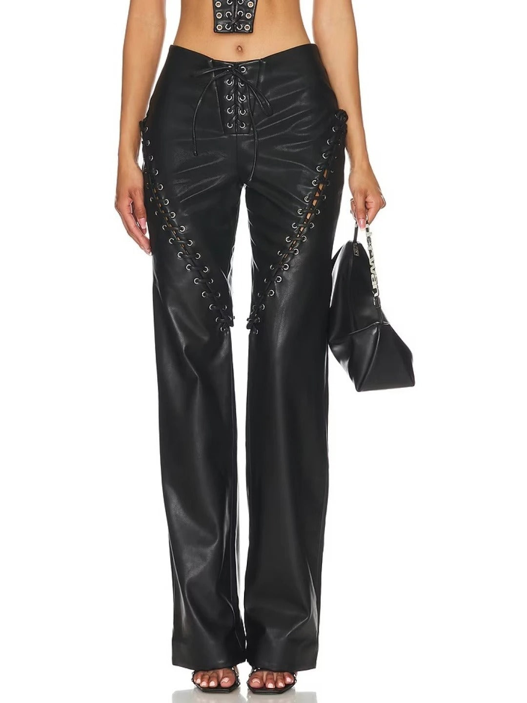 Black Leather Lace-Up Tie Detail Pants – Stylish & Edgy Leather Trousers