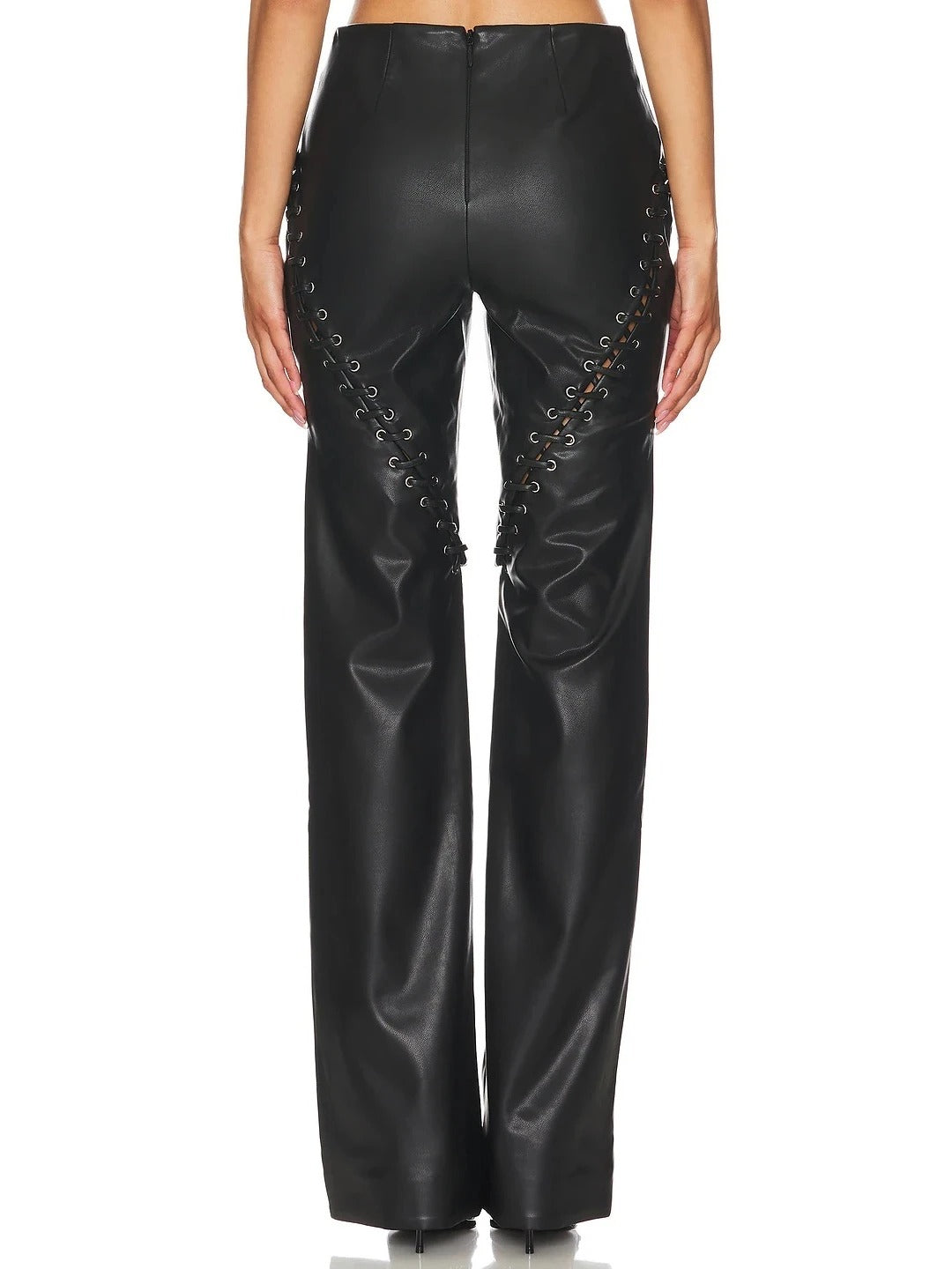 Black Leather Lace-Up Tie Detail Pants – Stylish & Edgy Leather Trousers