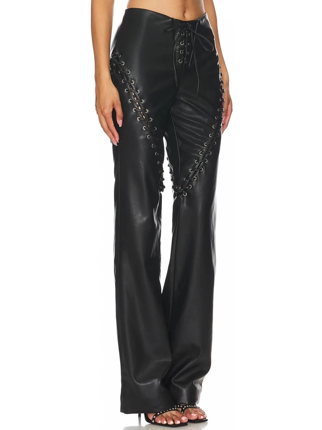 Black Leather Lace-Up Tie Detail Pants – Stylish & Edgy Leather Trousers