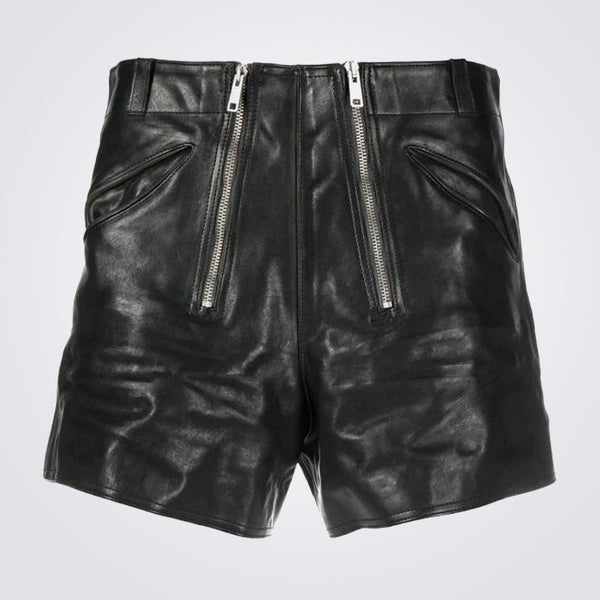 Men’s Double-Zip Black Leather Shorts – Avanzar Leather