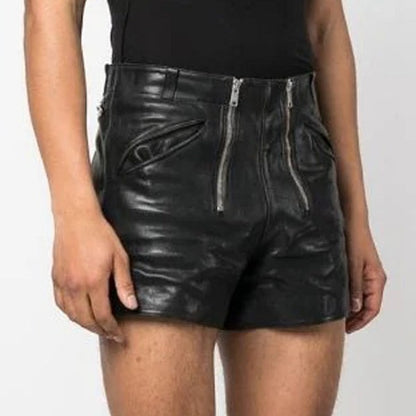 Men’s Double-Zip Black Leather Shorts – Avanzar Leather