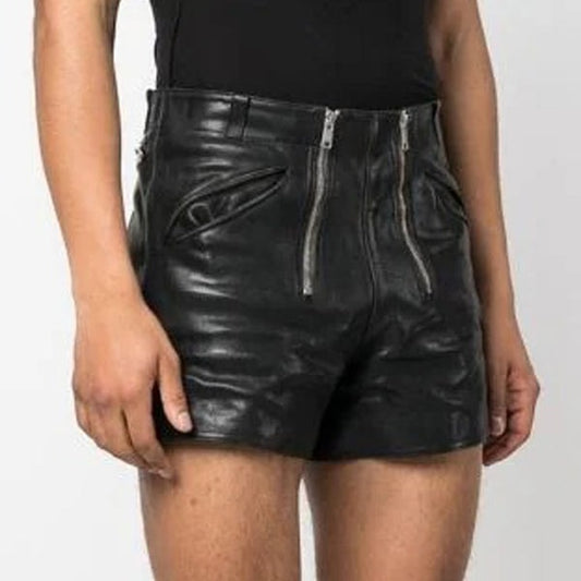 Men’s Double-Zip Black Leather Shorts – Avanzar Leather