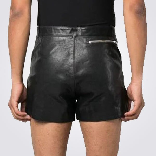 Men’s Double-Zip Black Leather Shorts – Avanzar Leather