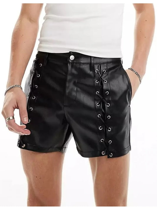 Men’s Black Leather Shorts with Lace-Up Details – Stylish and Edgy