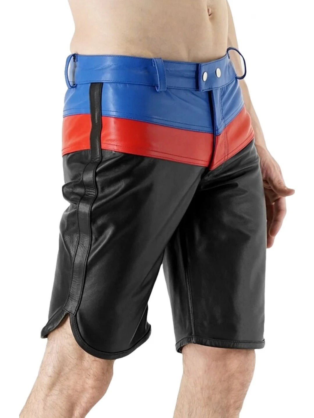 Men’s Three-Tone Black, Blue, and Red Leather Shorts – Bold and Stylish