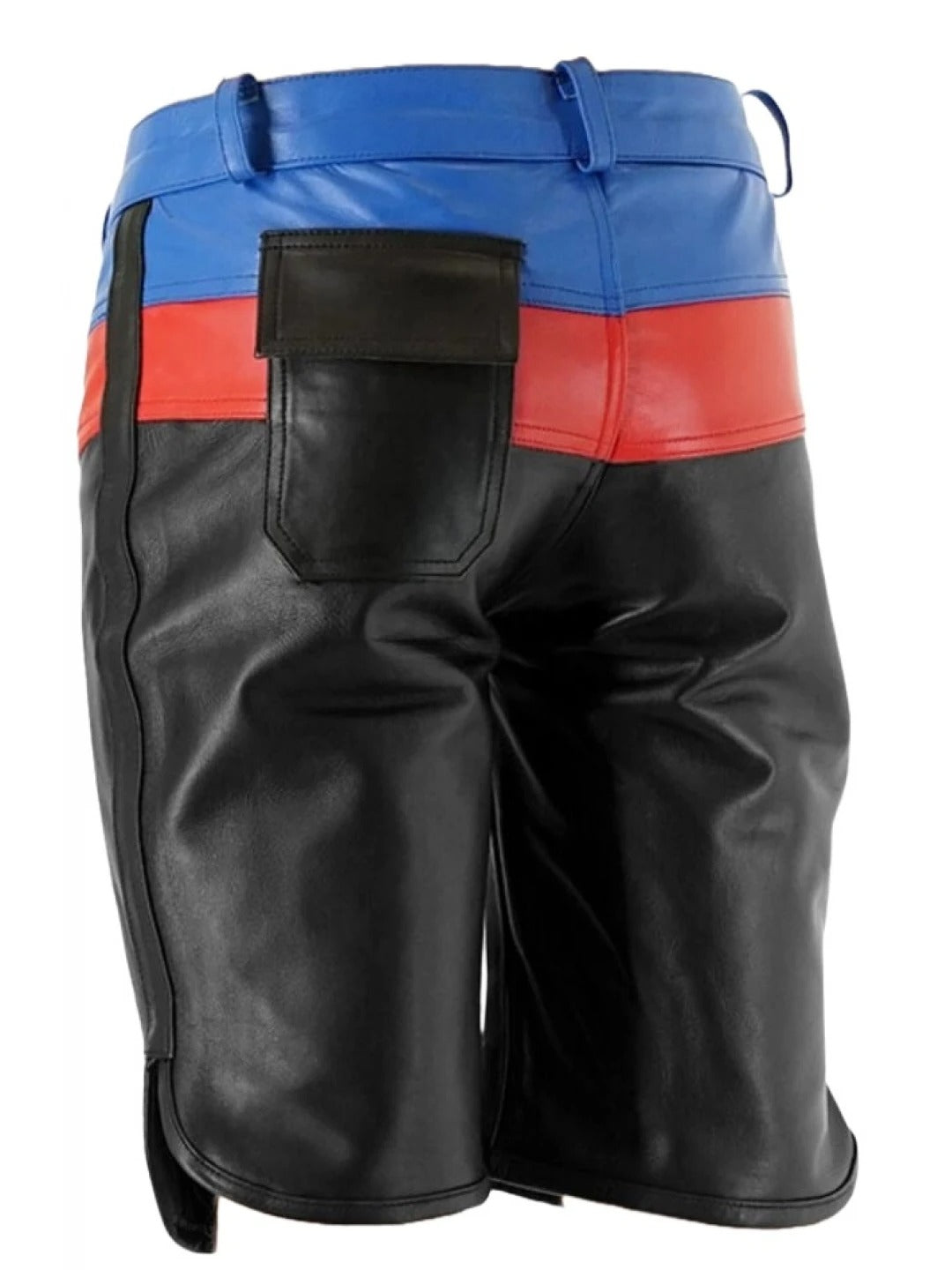 Men’s Three-Tone Black, Blue, and Red Leather Shorts – Bold and Stylish