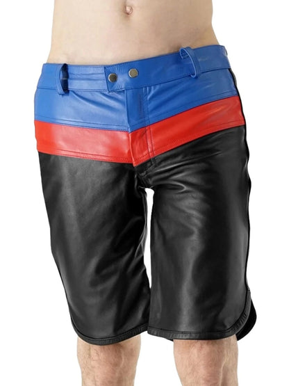 Men’s Three-Tone Black, Blue, and Red Leather Shorts – Bold and Stylish