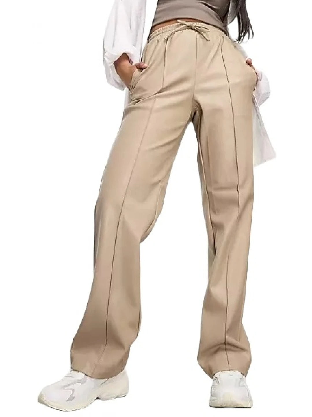 Cream Leather Trousers with Elastic Waist – Comfortable & Stylish