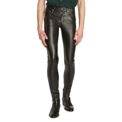 Leather Exotica Solid Black Skinny Men's Genuine Leather Pants by Avanzar Leather