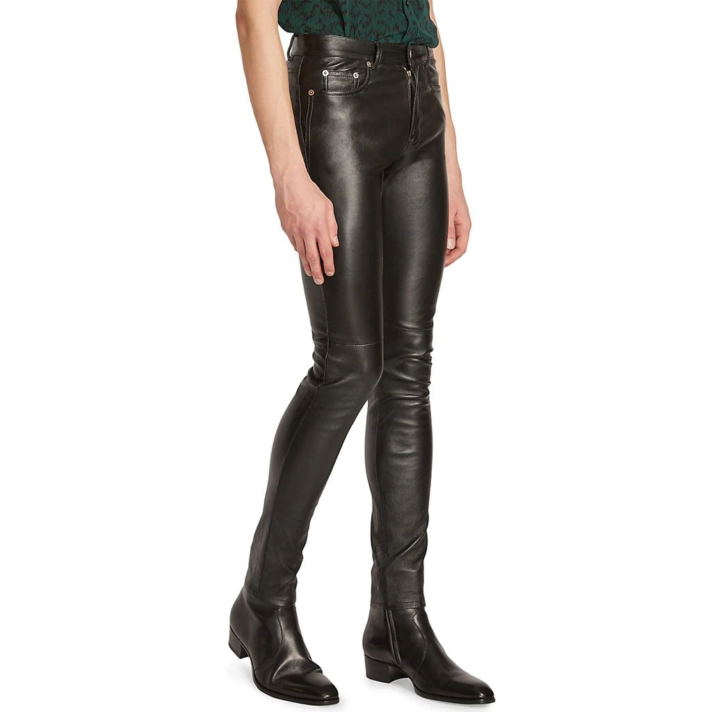 Leather Exotica Solid Black Skinny Men's Genuine Leather Pants by Avanzar Leather