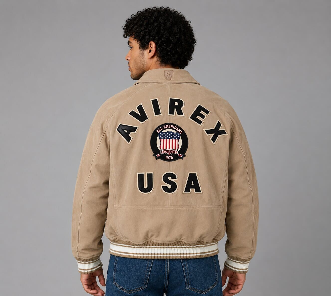 Back view Avirex suede bomber jacket with varsity styling