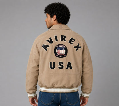 Back view Avirex suede bomber jacket with varsity styling