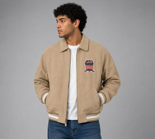 Front view Men’s limited edition Avirex suede bomber jacket USA patch