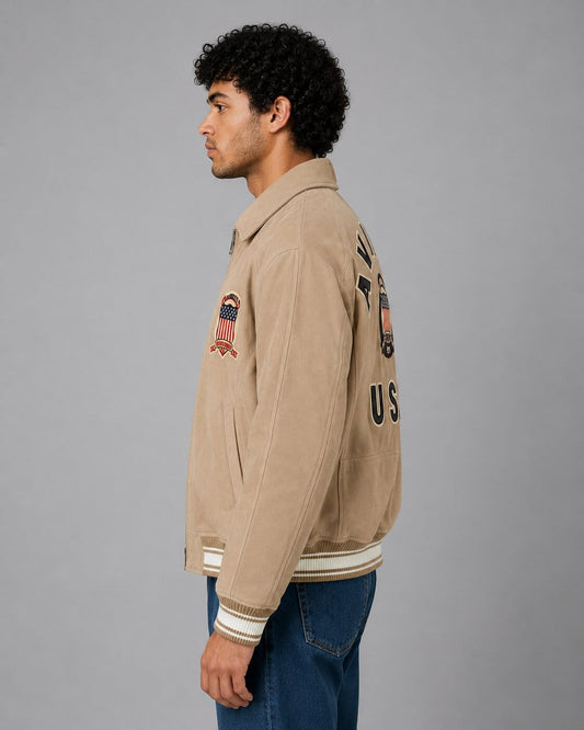 Side profile suede Avirex bomber jacket men