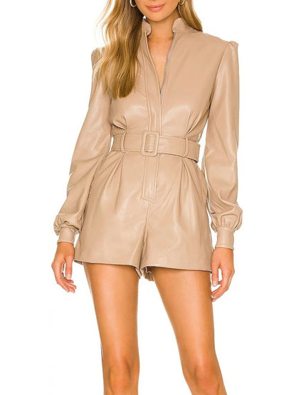 Avanzar Leather Long Sleeve Beige Leather Romper