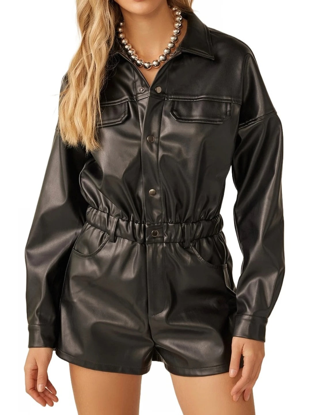 Avanzar Leather Long Sleeve Black Leather Romper