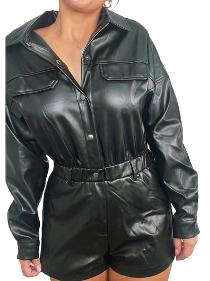 Avanzar Leather Long Sleeve Black Leather Romper