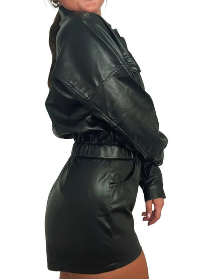 Avanzar Leather Long Sleeve Black Leather Romper