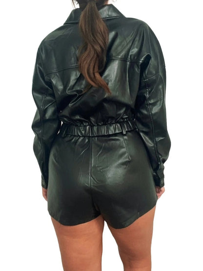 Avanzar Leather Long Sleeve Black Leather Romper