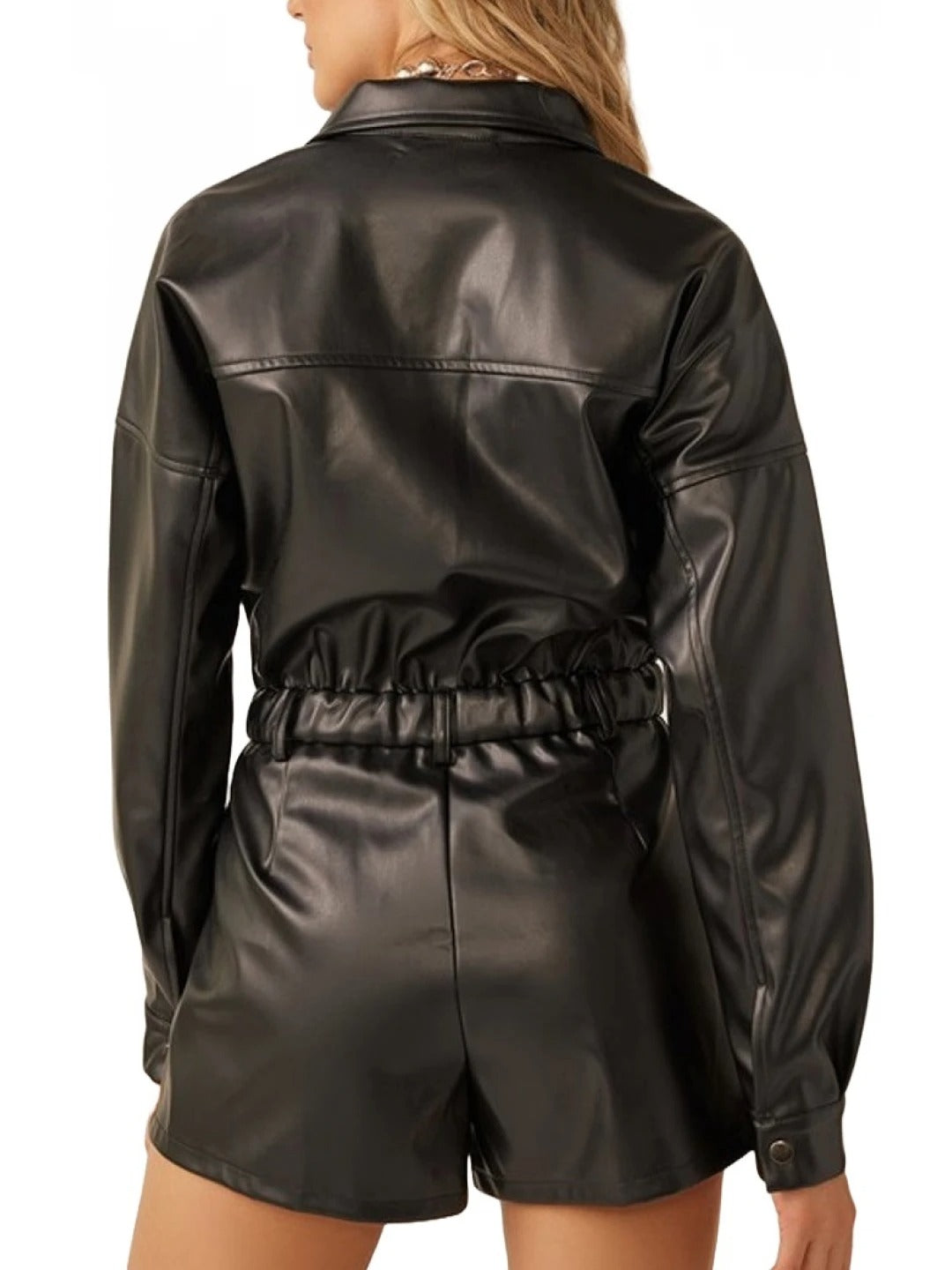 Avanzar Leather Long Sleeve Black Leather Romper