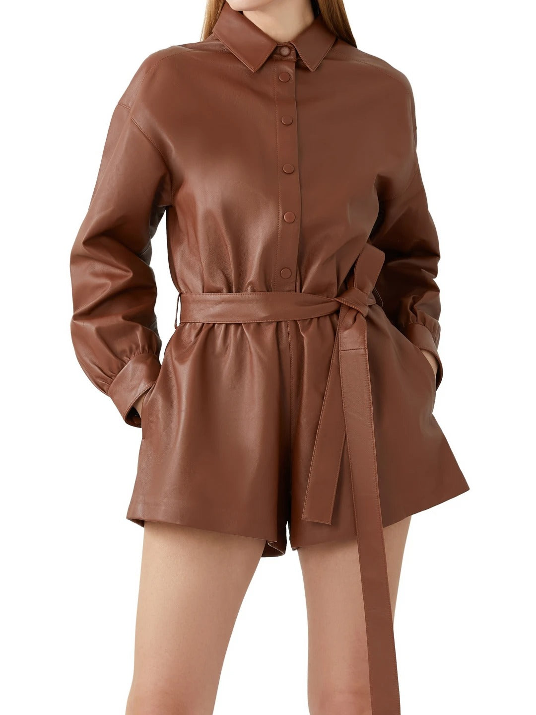 Avanzar Leather Long Sleeve Brown Leather Romper