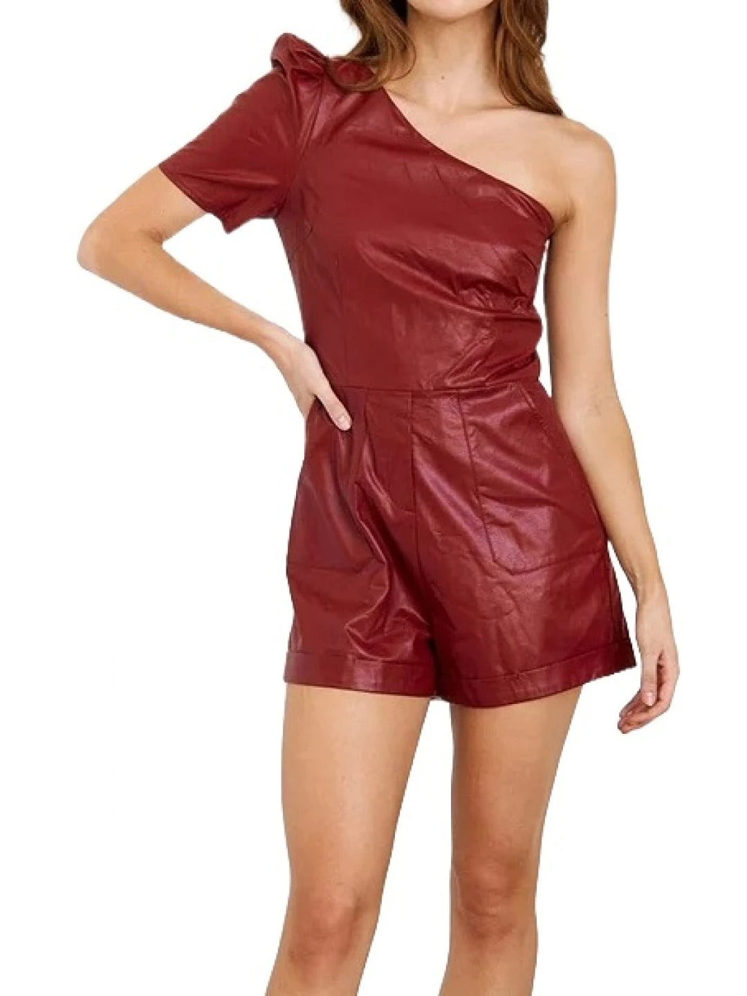 Avanzar Leather Maroon Leather One Shoulder Romper