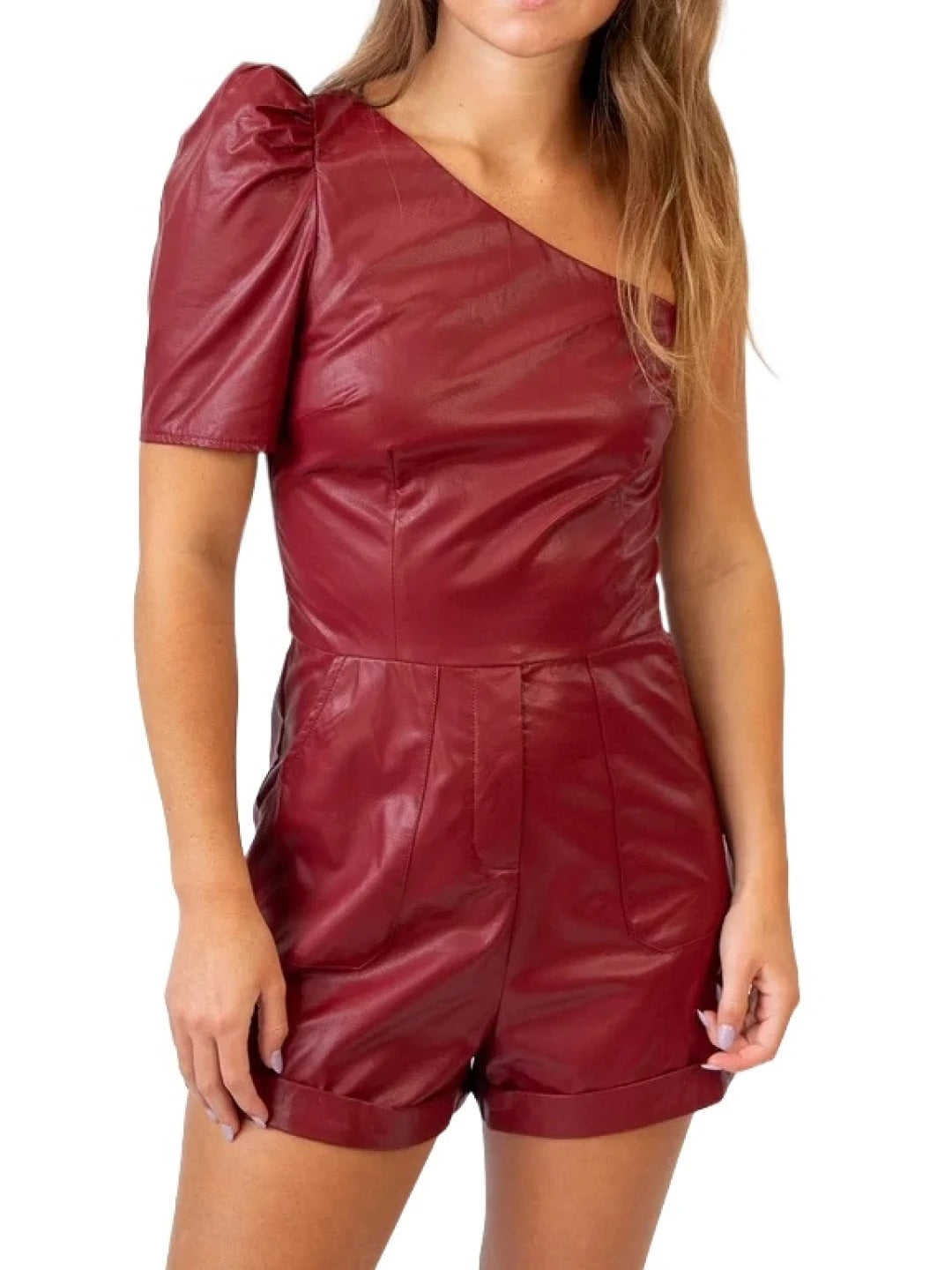 Avanzar Leather Maroon Leather One Shoulder Romper