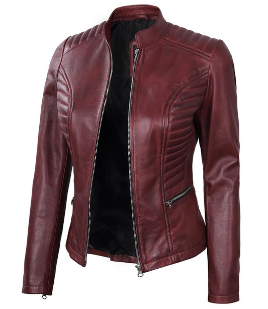 Avanzar Leather Women's Maroon Leather Cafe Racer Jacket with Padded Shoulders