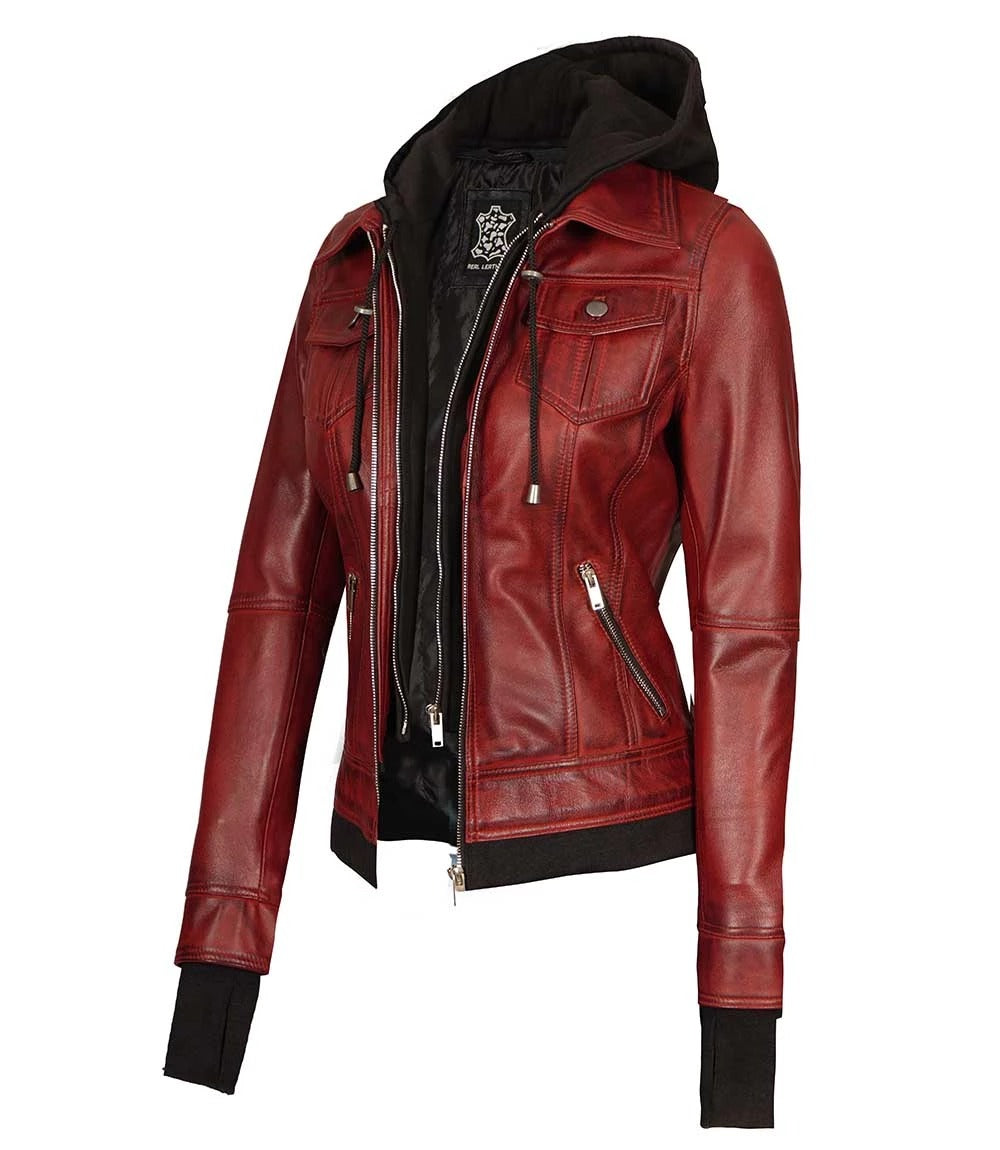 Avanzar Leather Tralee Women's Bomber Maroon Leather Jacket with Removable Hood