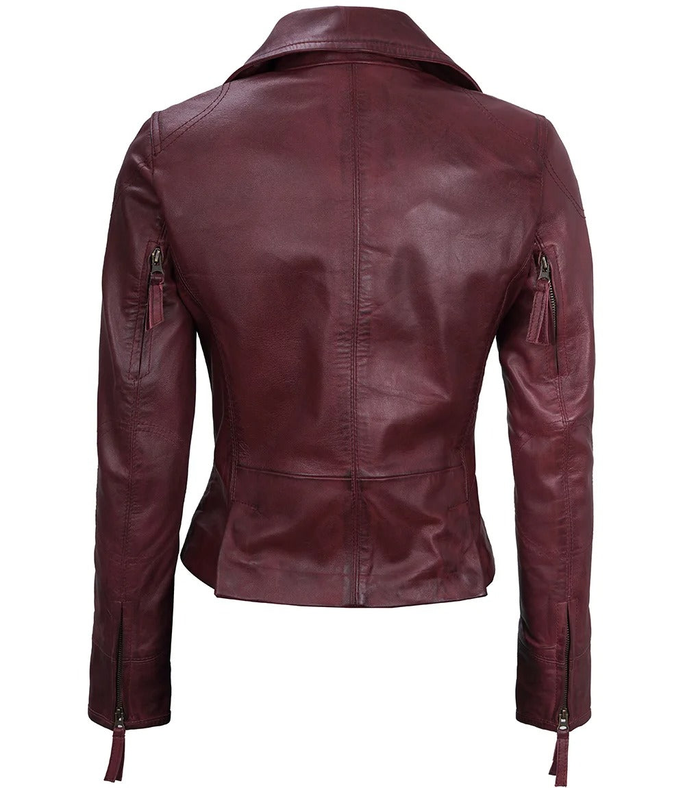 Avanzar Leather Ramsey Women's Maroon Asymmetrical Waxed Biker Leather Jacket