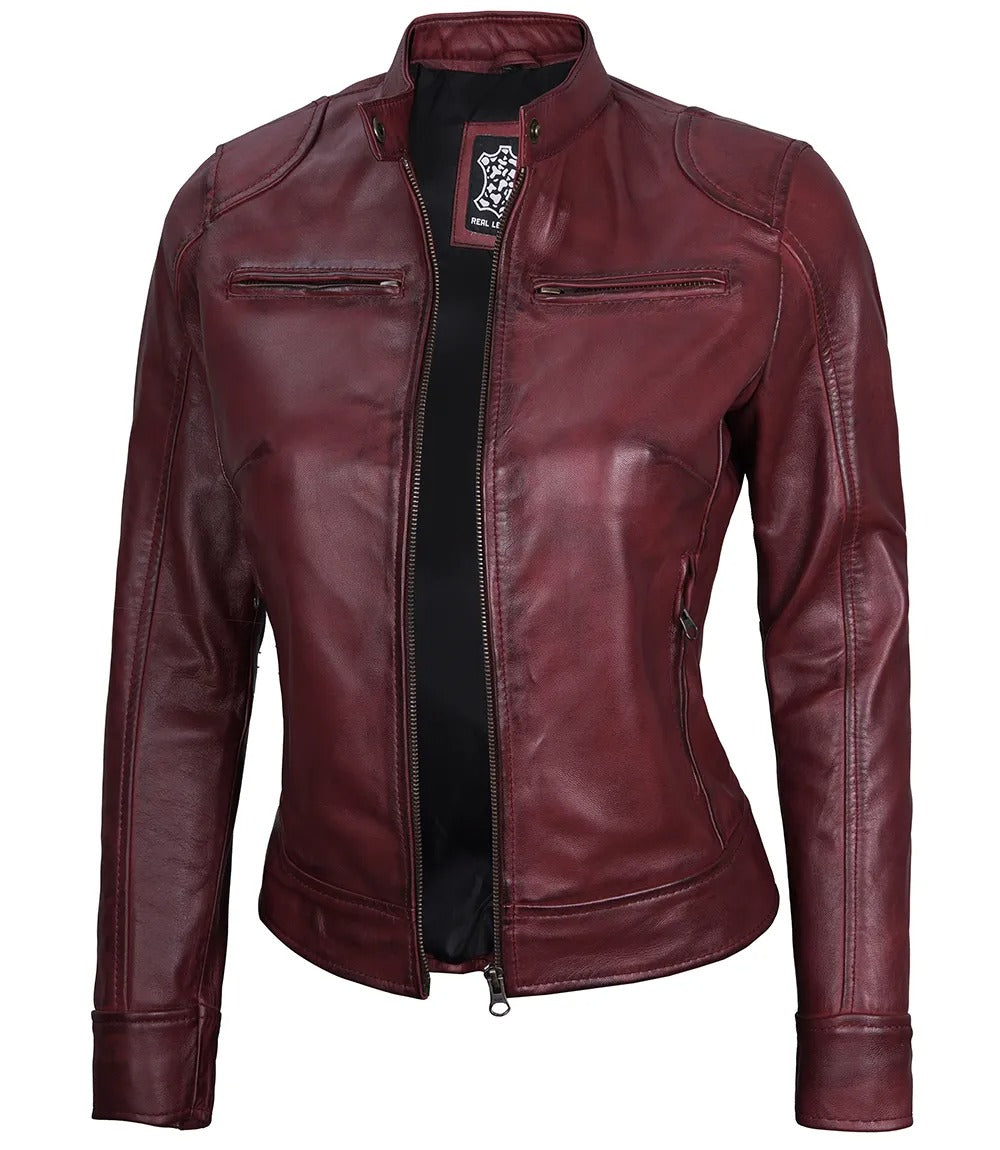 Avanzar Leather Dodge Women's Maroon Café Racer Leather Jacket